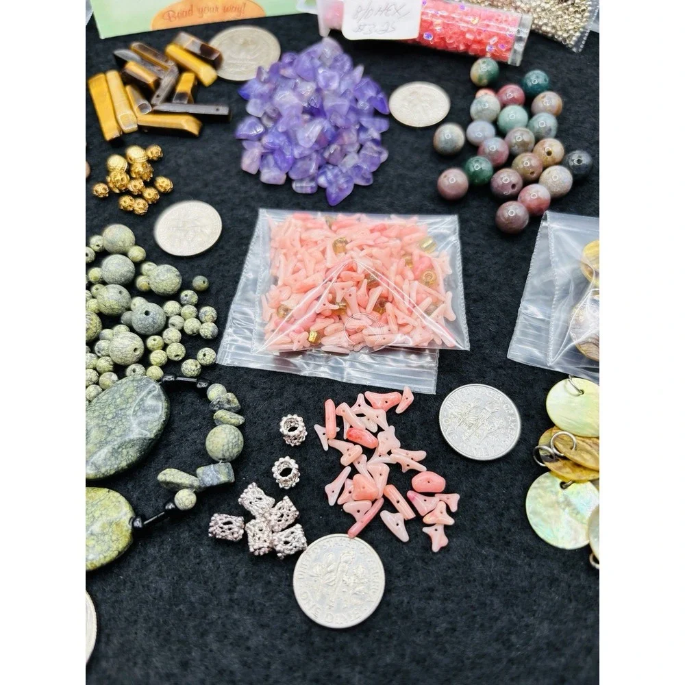 Lot of Jewelry Making Bead mix Amethyst Gemstone Chips Jade shell olive wood Hex